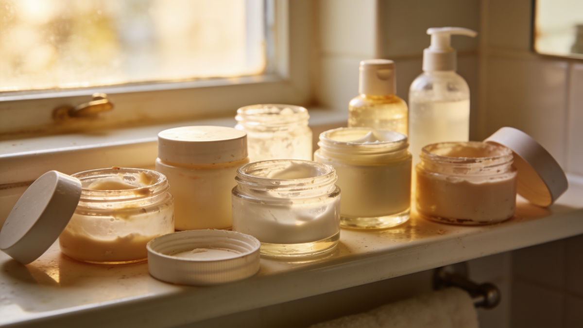 A bathroom shelf, six or seven half used products.